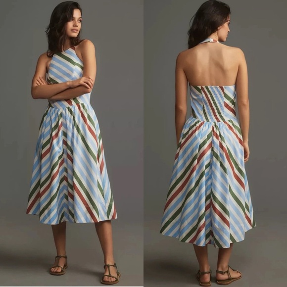 NWT Anthropologie Maeve Halter Midi Dress XL Striped $168 Blue White A-Line - Picture 1 of 11